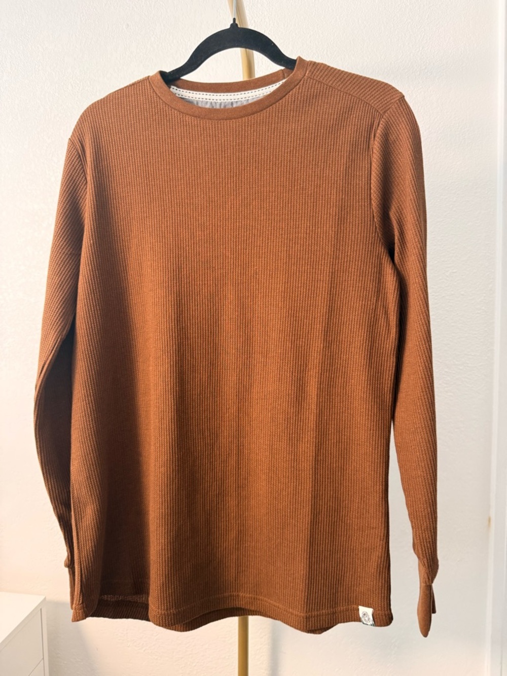 Waffle Knit Long Sleeve Shirt Men’s Brown Thermal Top Casual Basic